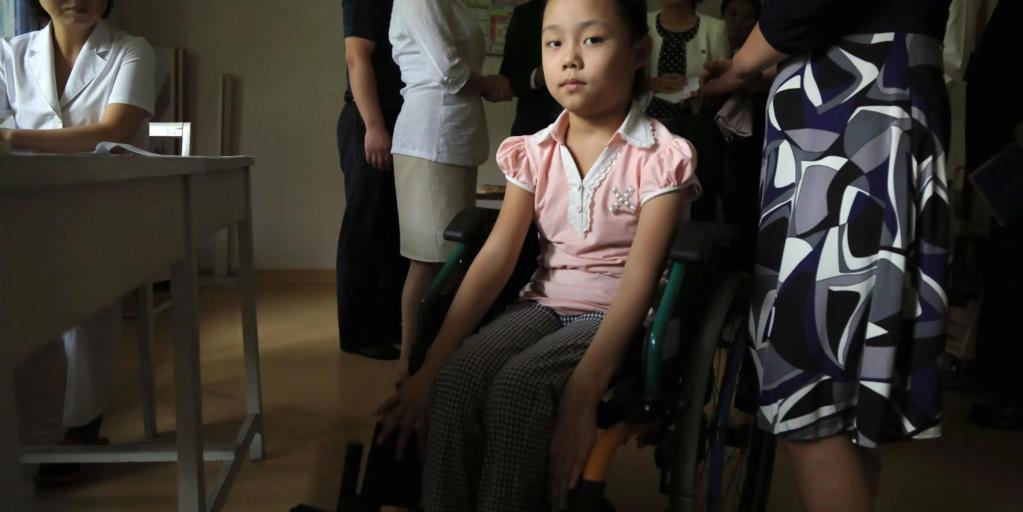 A girl in a wheelchair at the Korea Rehabilitation Centre for Children with Disabilities, Pyongyang